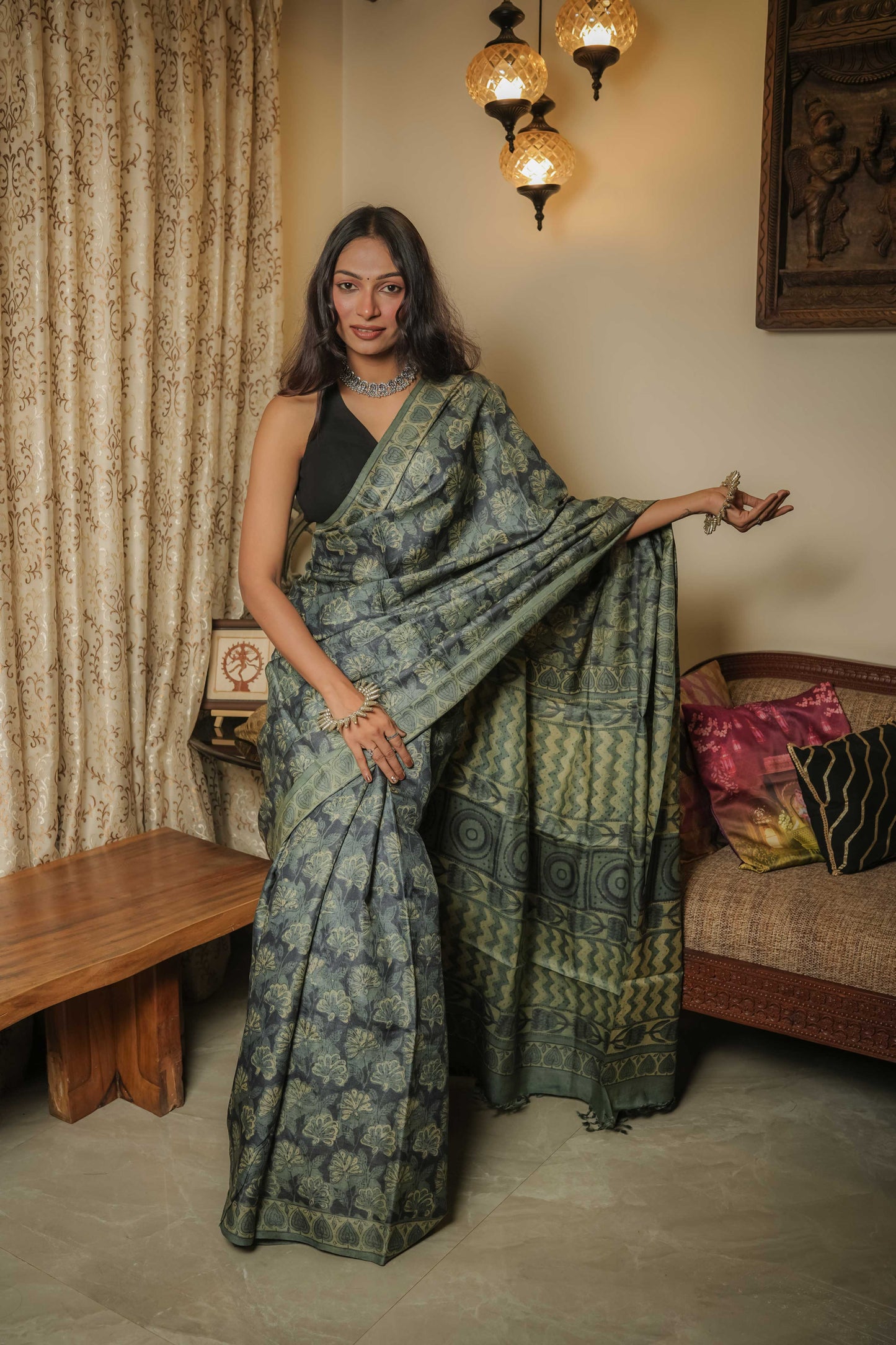 Multicoloured Tussar Handblock Vegetable Dye Saree