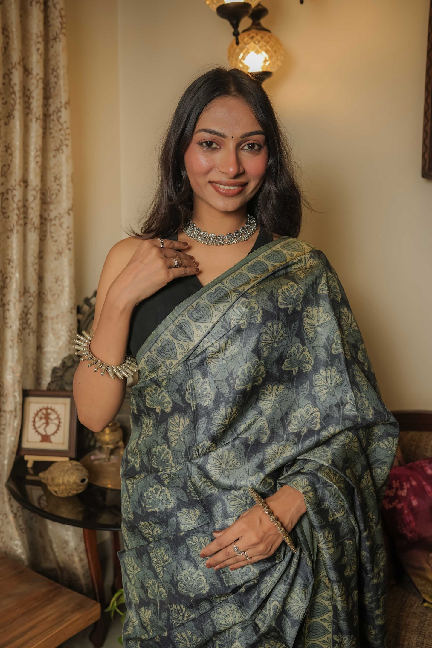 Multicoloured Tussar Handblock Vegetable Dye Saree