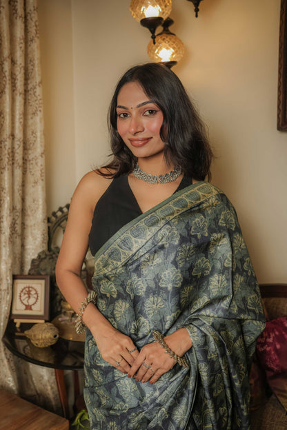 Multicoloured Tussar Handblock Vegetable Dye Saree