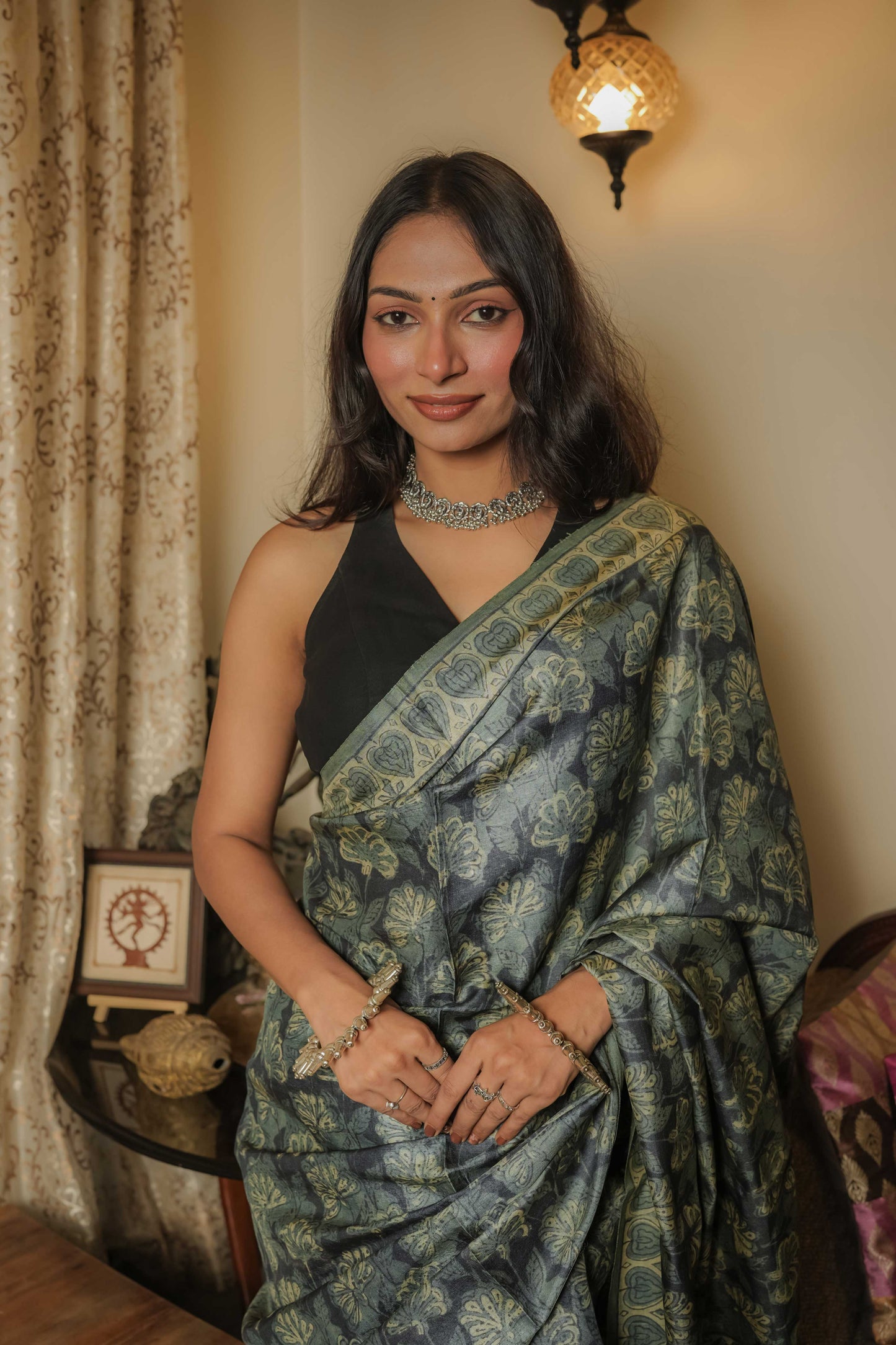 Multicoloured Tussar Handblock Vegetable Dye Saree