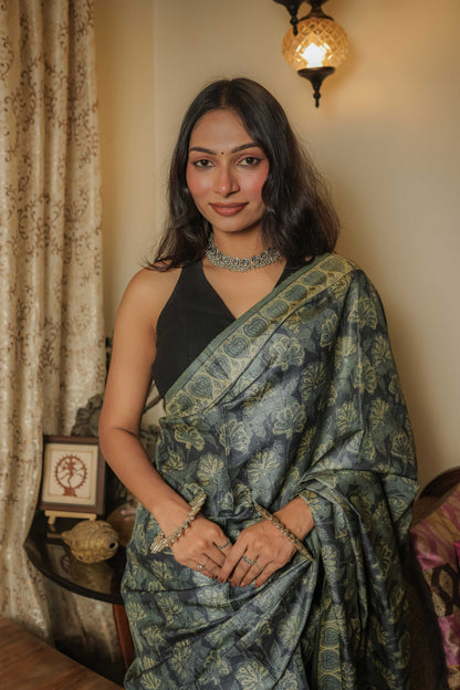 Multicoloured Tussar Handblock Vegetable Dye Saree