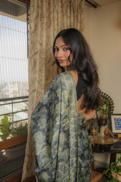 Multicoloured Tussar Handblock Vegetable Dye Saree