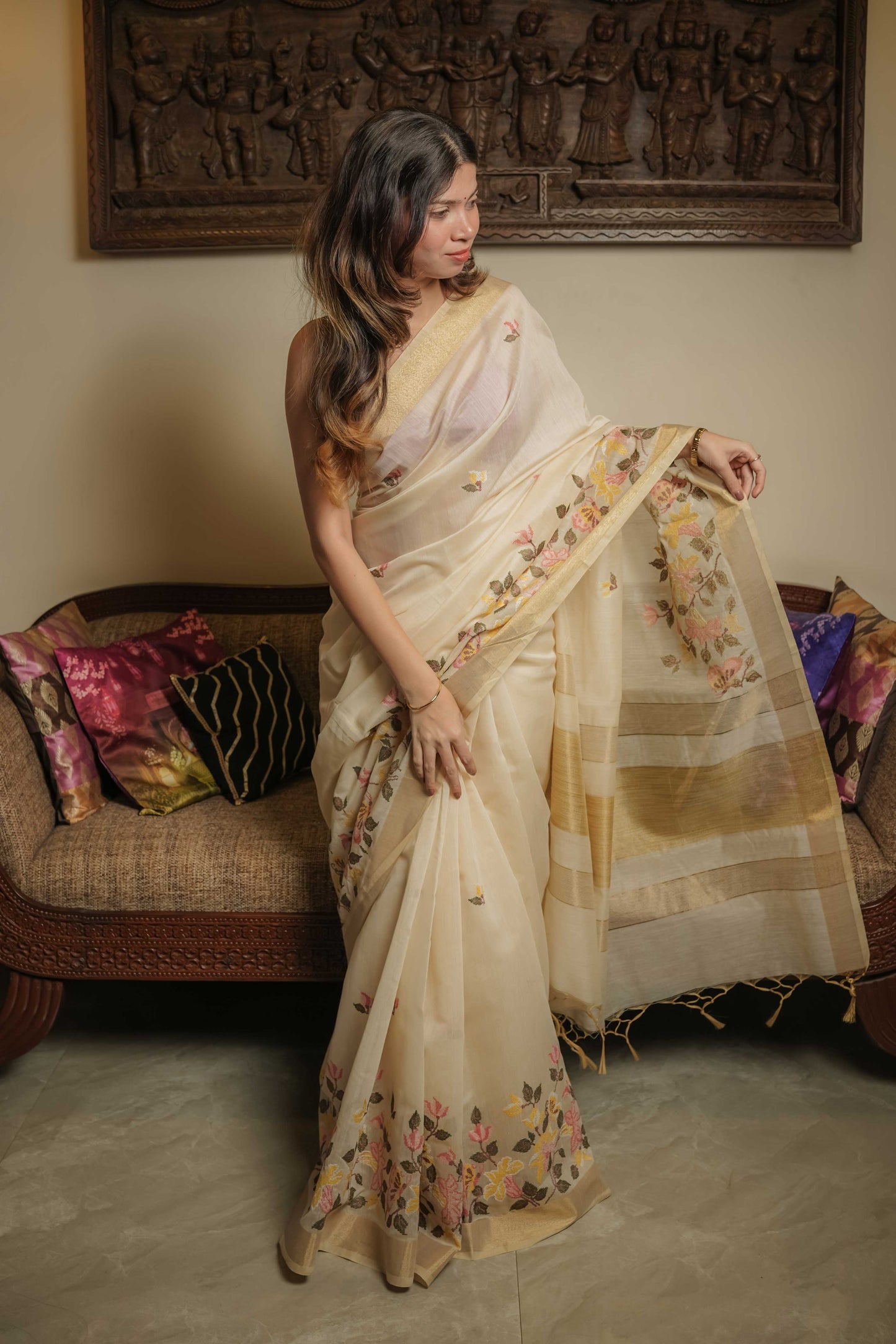 Cream Tussar Silk Saree