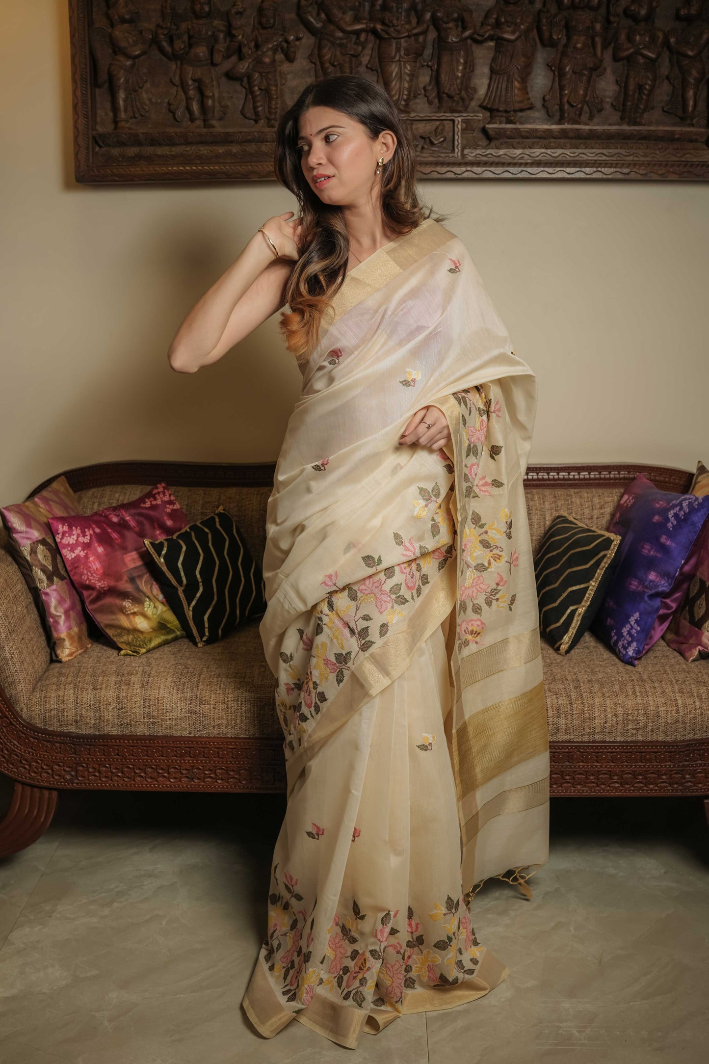 Cream Tussar Silk Saree