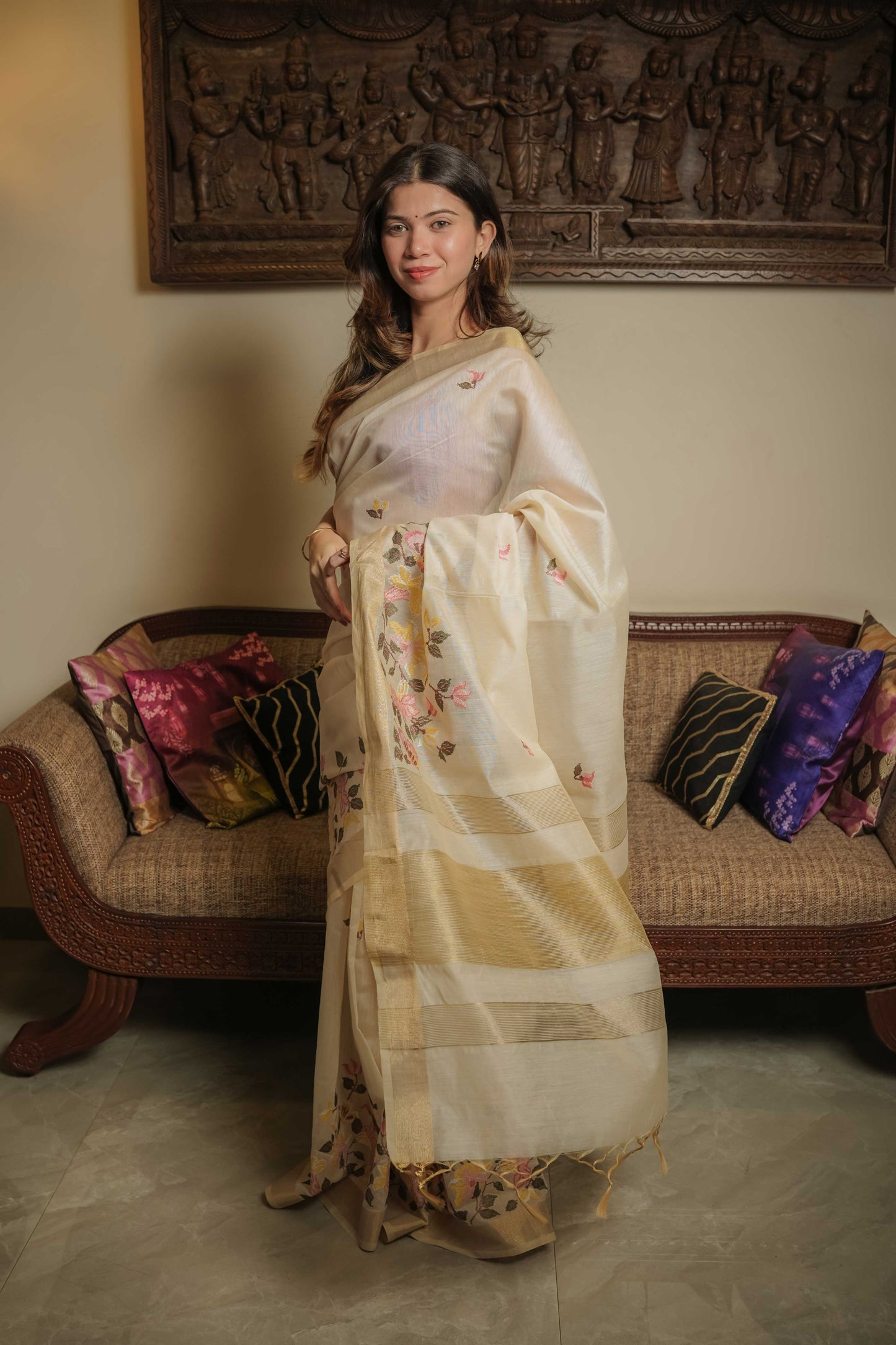 Cream Tussar Silk Saree