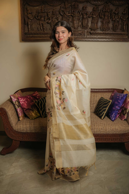 Cream Tussar Silk Saree
