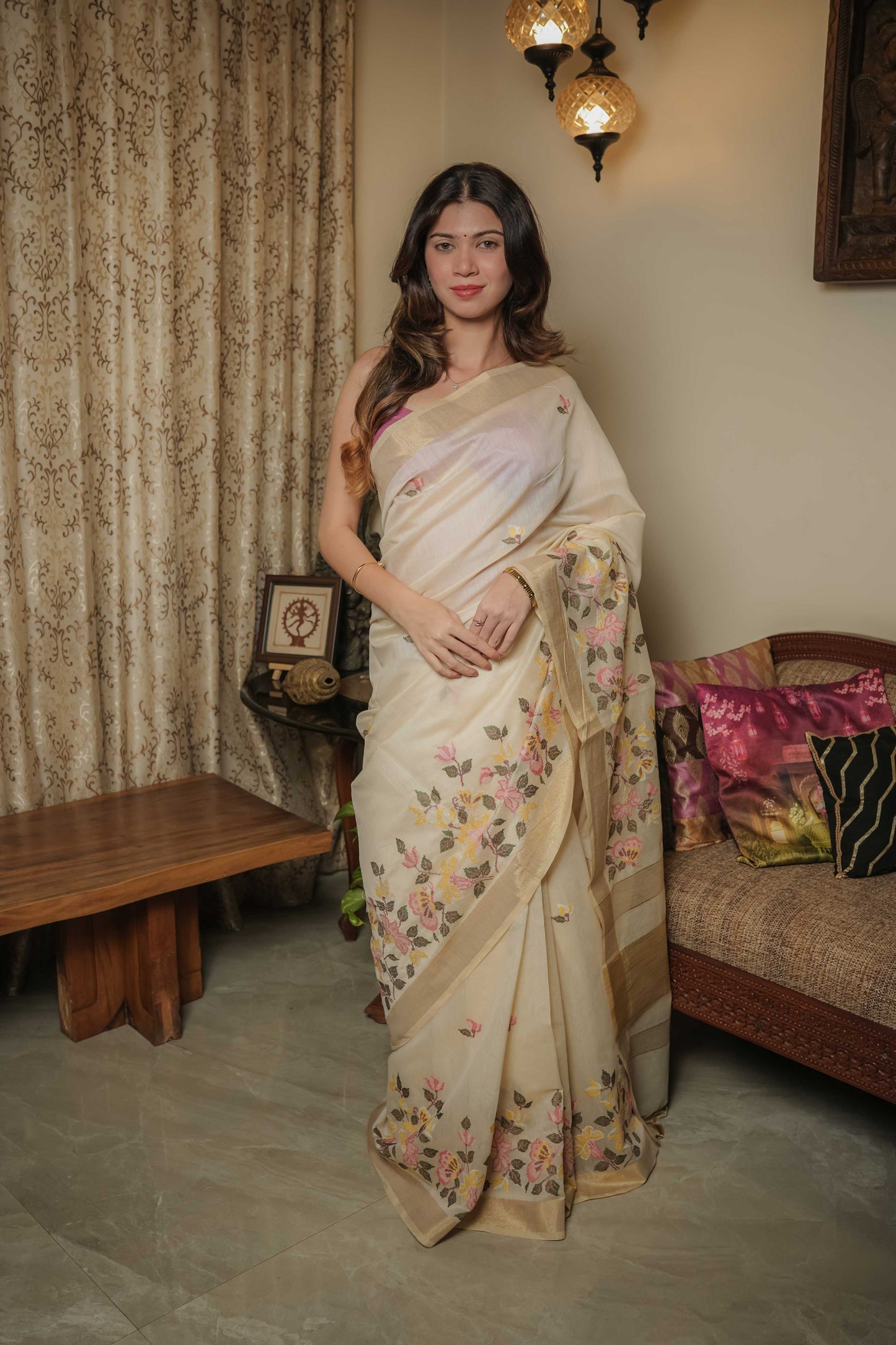 Cream Tussar Silk Saree