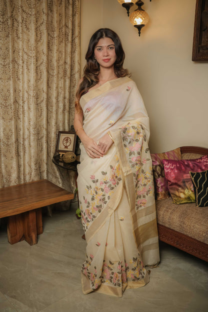 Cream Tussar Silk Saree