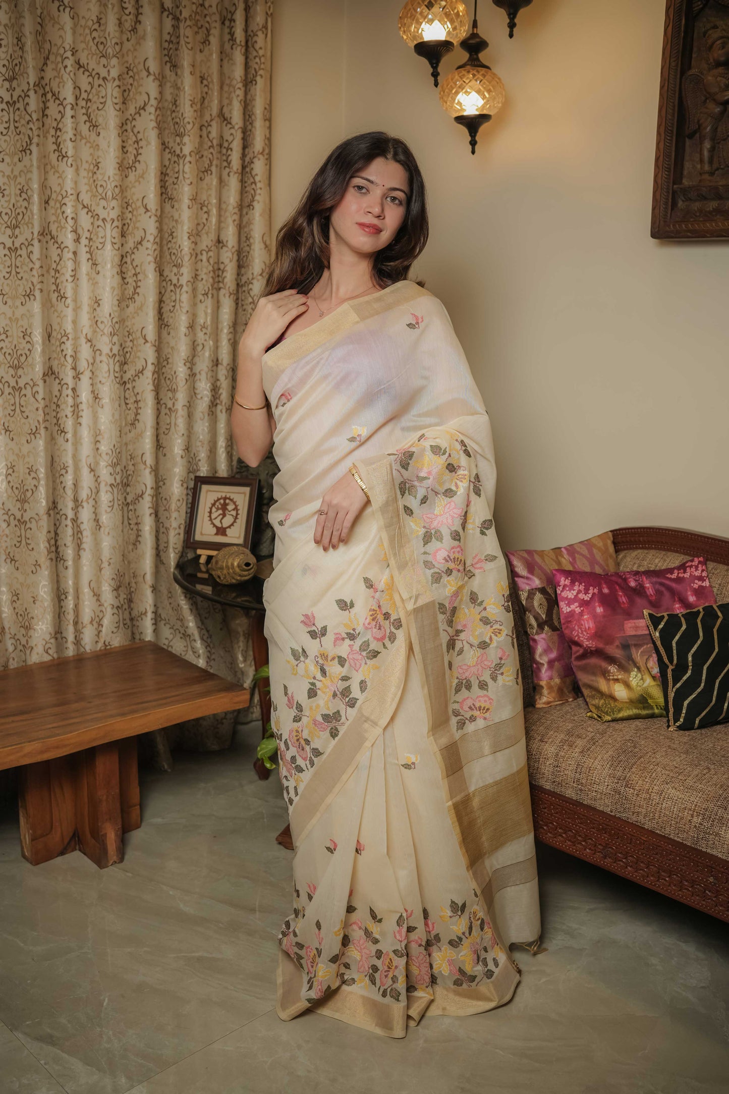 Cream Tussar Silk Saree