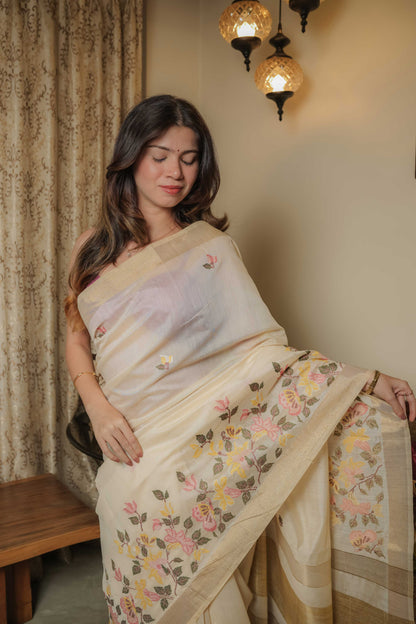 Cream Tussar Silk Saree