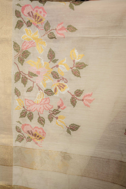Cream Tussar Silk Saree