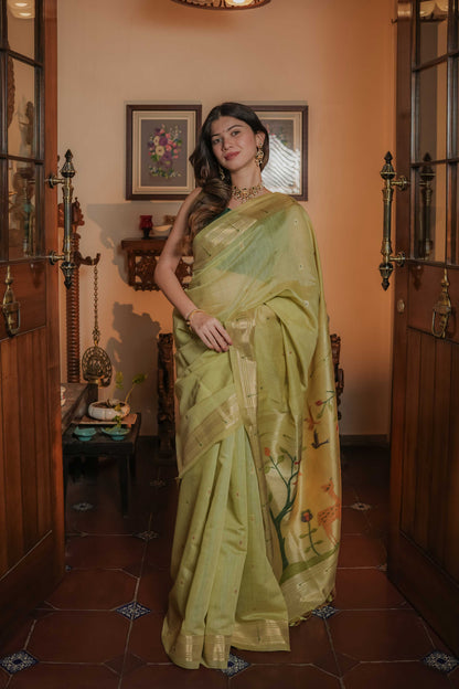 Green Chanderi Cotton Tissue Paithani Saree