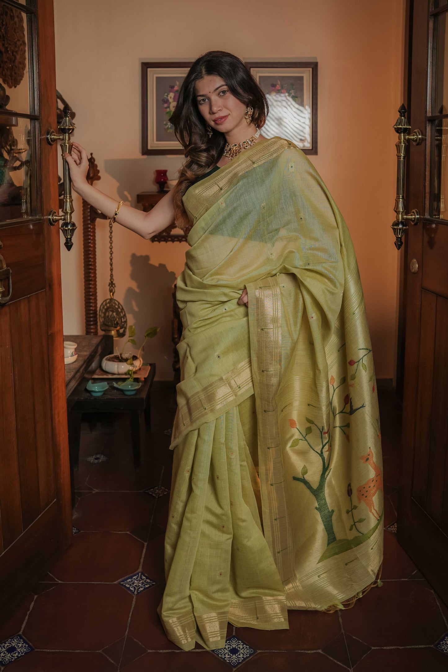 Green Chanderi Cotton Tissue Paithani Saree