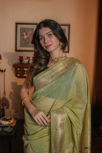 Green Chanderi Cotton Tissue Paithani Saree
