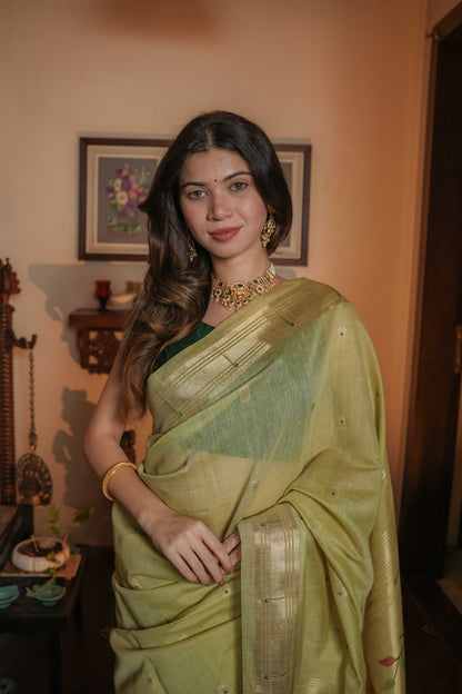 Green Chanderi Cotton Tissue Paithani Saree