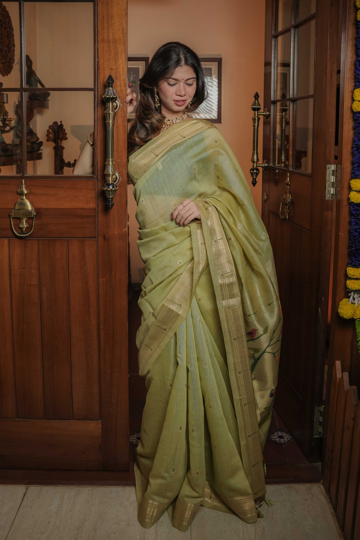 Green Chanderi Cotton Tissue Paithani Saree