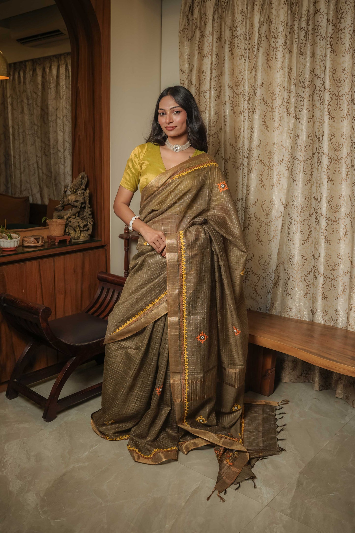 Brown Cotton Tussar Saree
