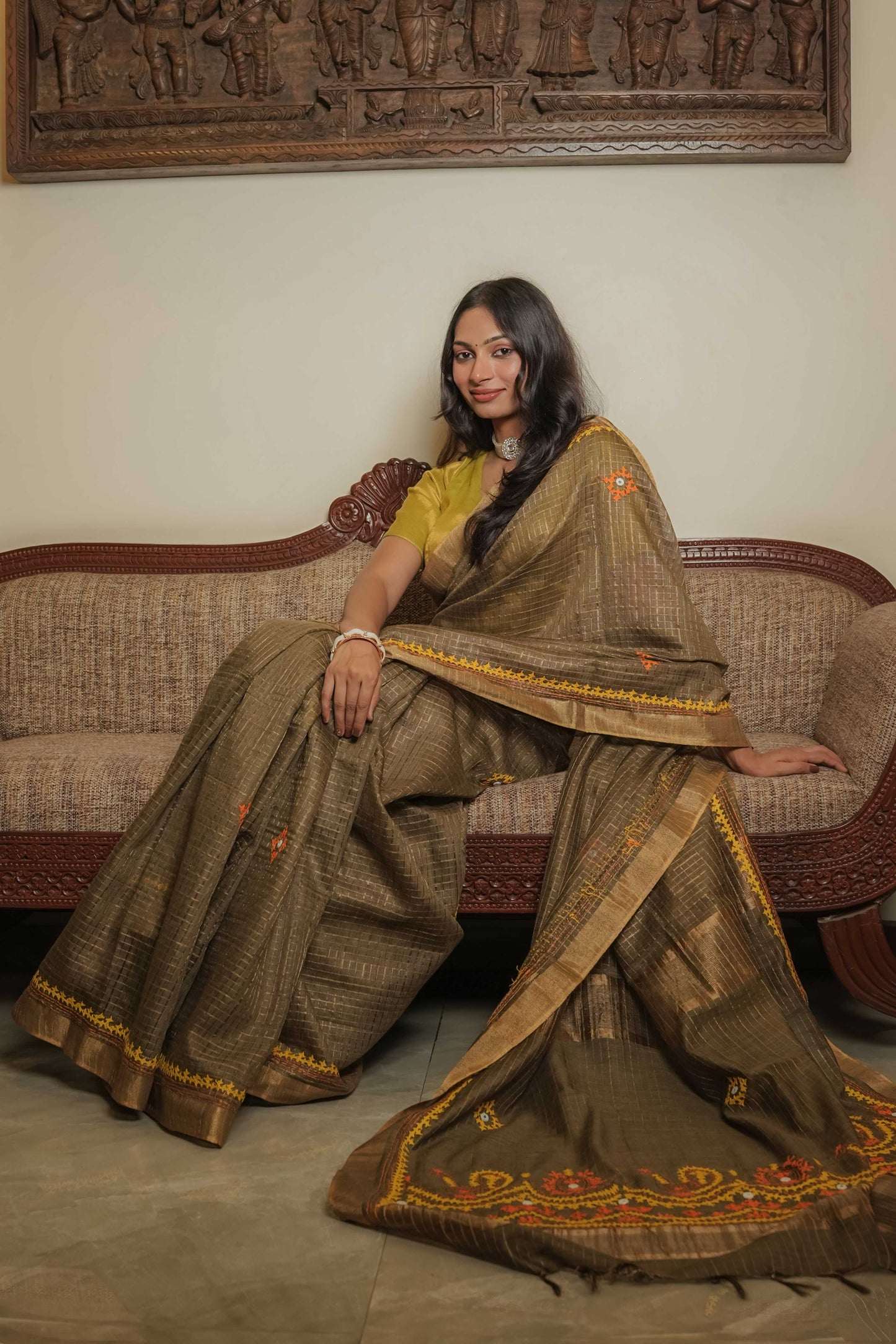 Brown Cotton Tussar Saree