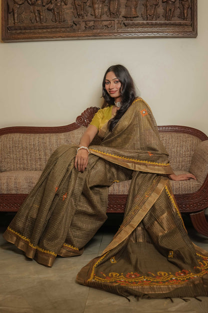 Brown Cotton Tussar Saree