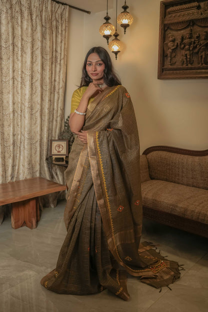 Brown Cotton Tussar Saree