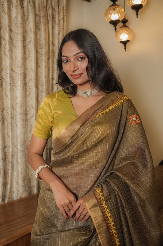 Brown Cotton Tussar Saree