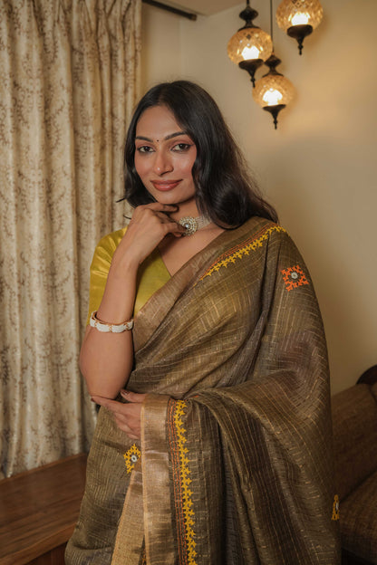 Brown Cotton Tussar Saree