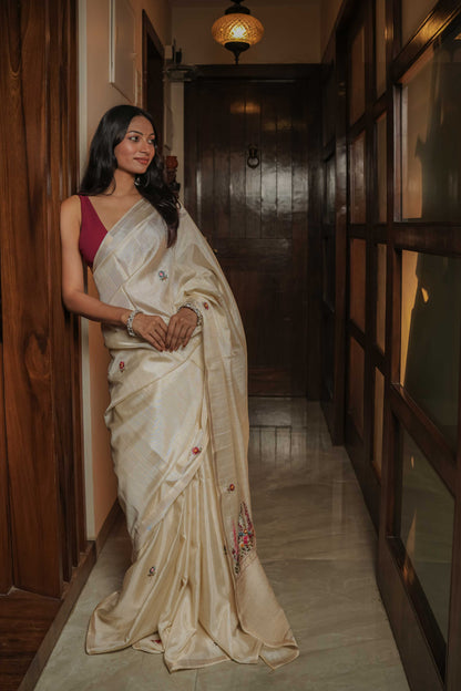 Cream Tussar Silk Saree