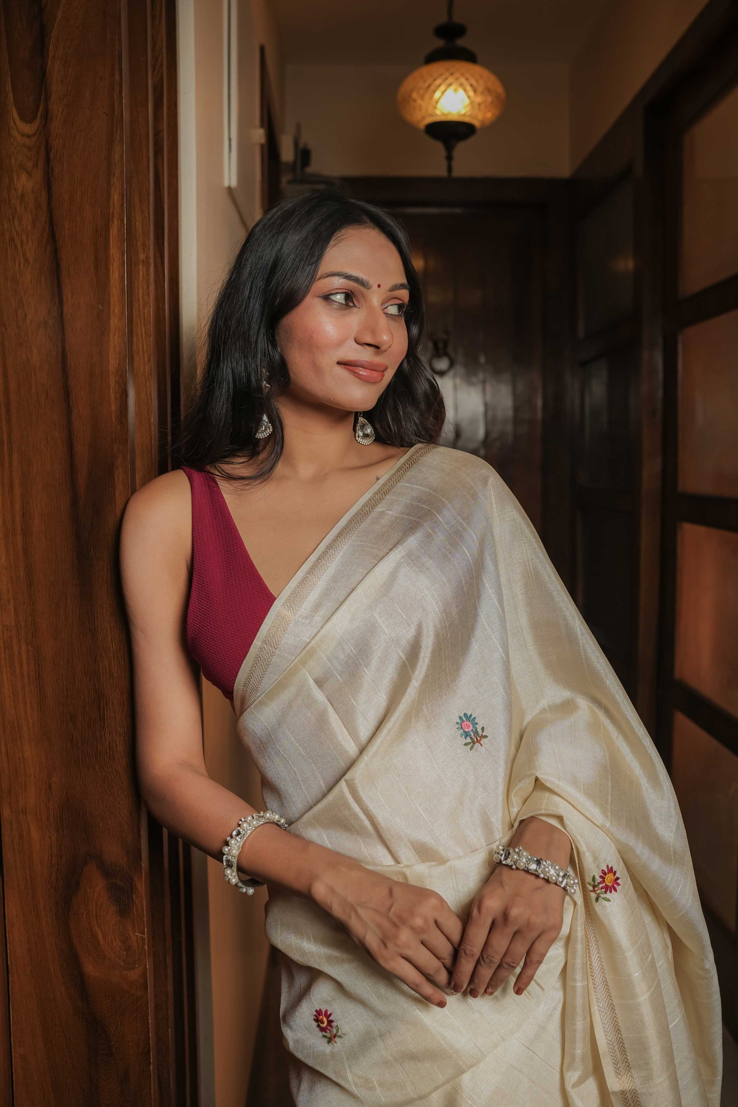 Cream Tussar Silk Saree