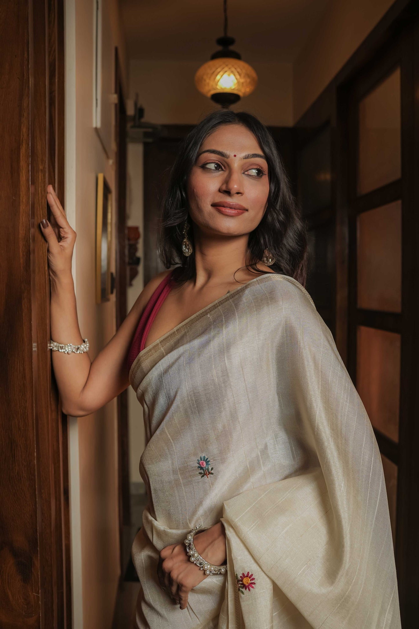 Cream Tussar Silk Saree