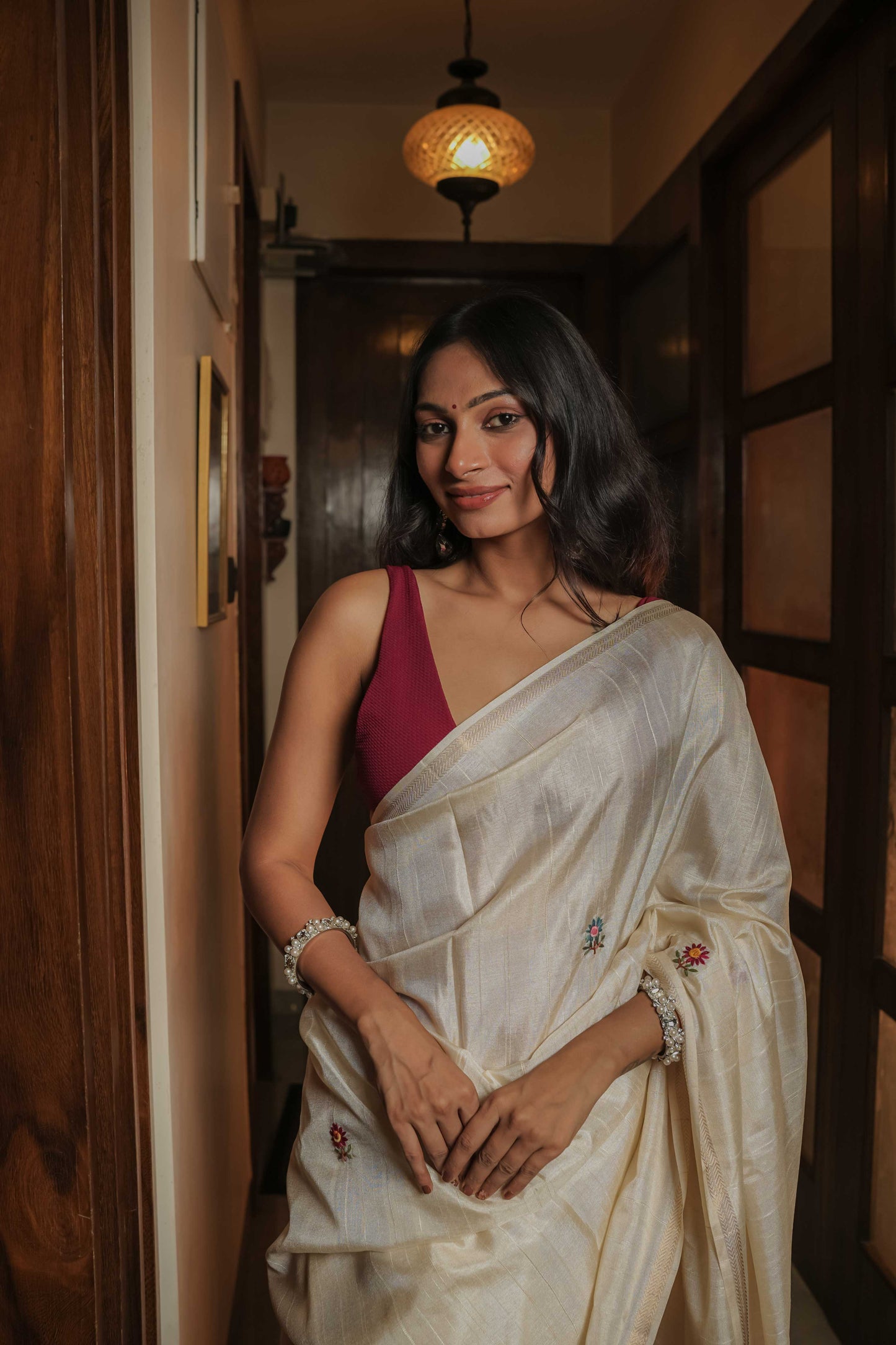 Cream Tussar Silk Saree