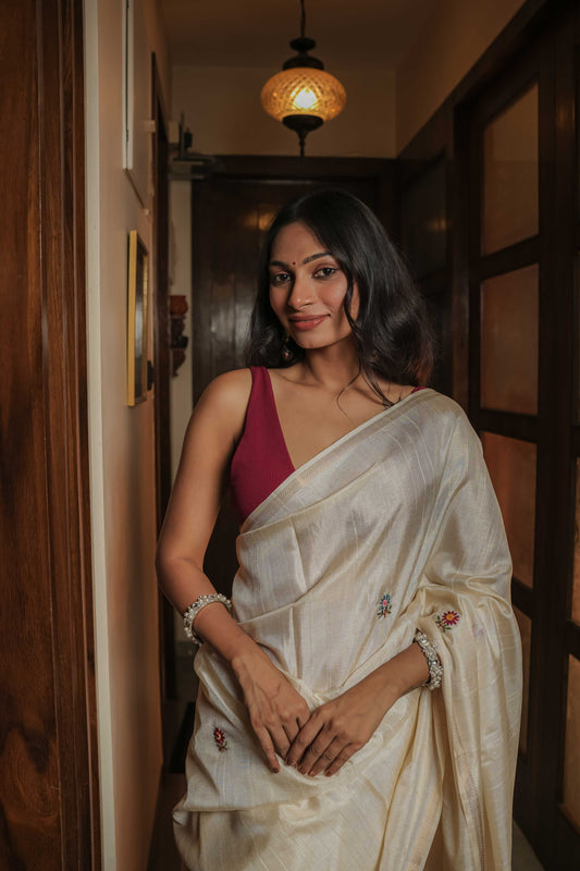 Cream Tussar Silk Saree