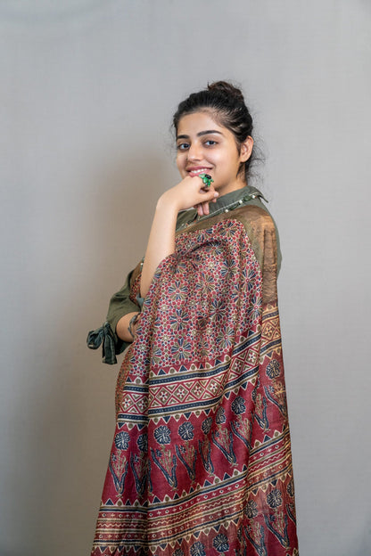 HANDWOVEN TUSSAR WITH AZARAK HANDBLOCK  PRINTING