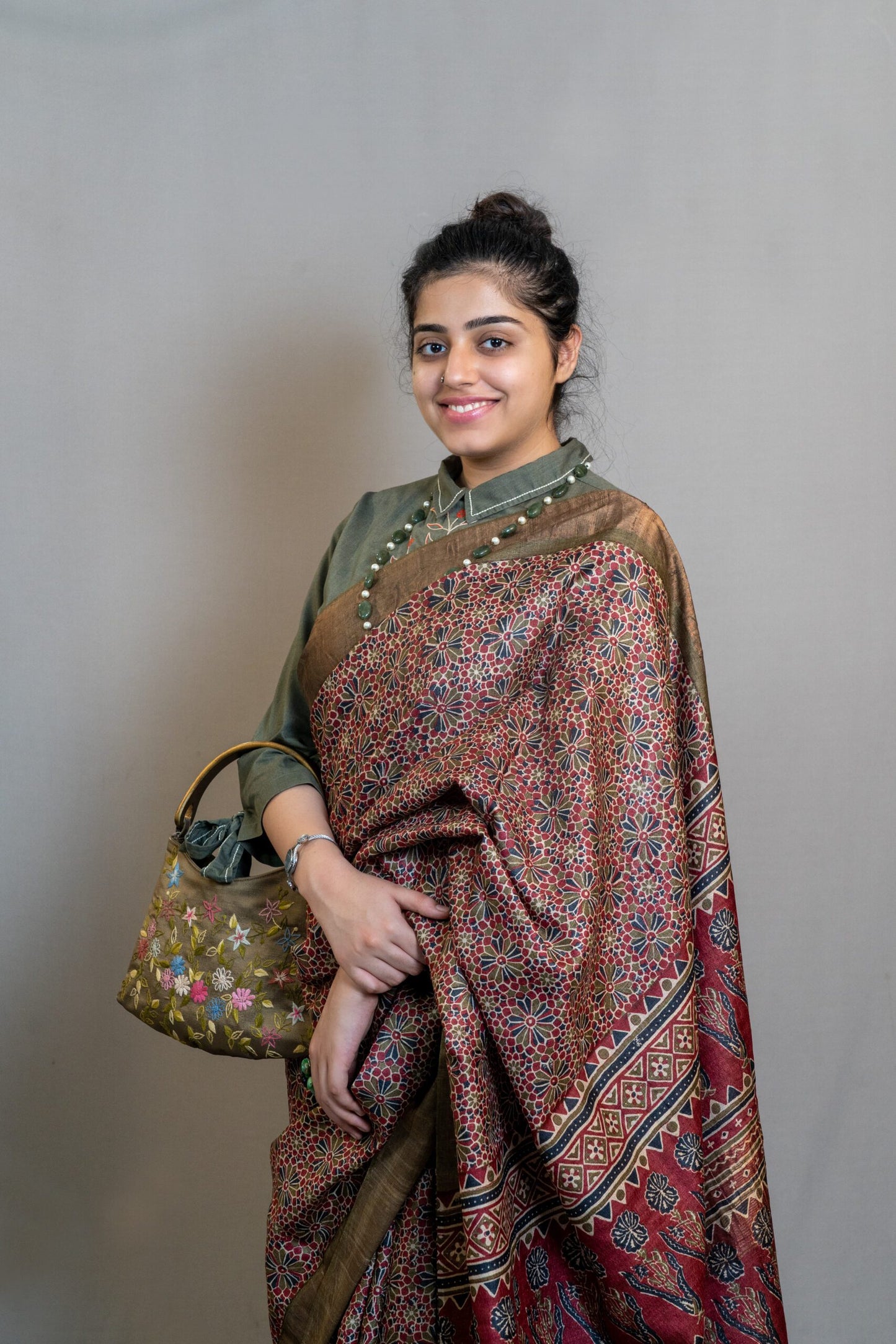 HANDWOVEN TUSSAR WITH AZARAK HANDBLOCK  PRINTING