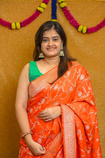 Saffron Katan Silk Banarasi Saree