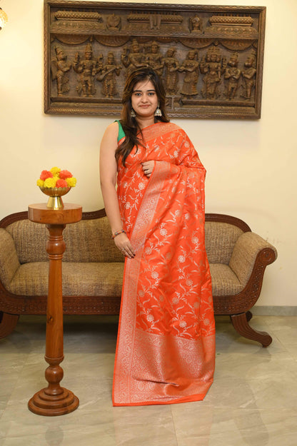 Saffron Katan Silk Banarasi Saree