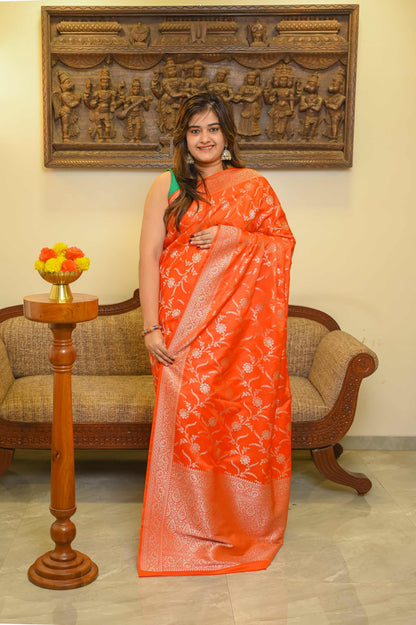 Saffron Katan Silk Banarasi Saree