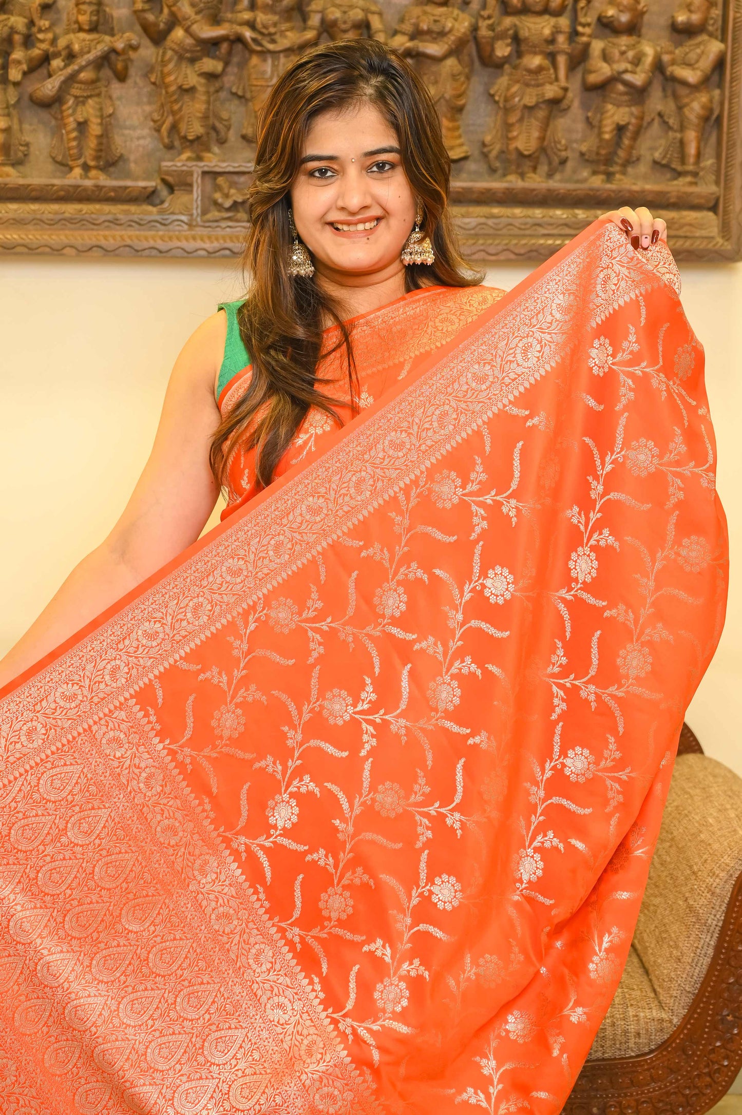 Saffron Katan Silk Banarasi Saree