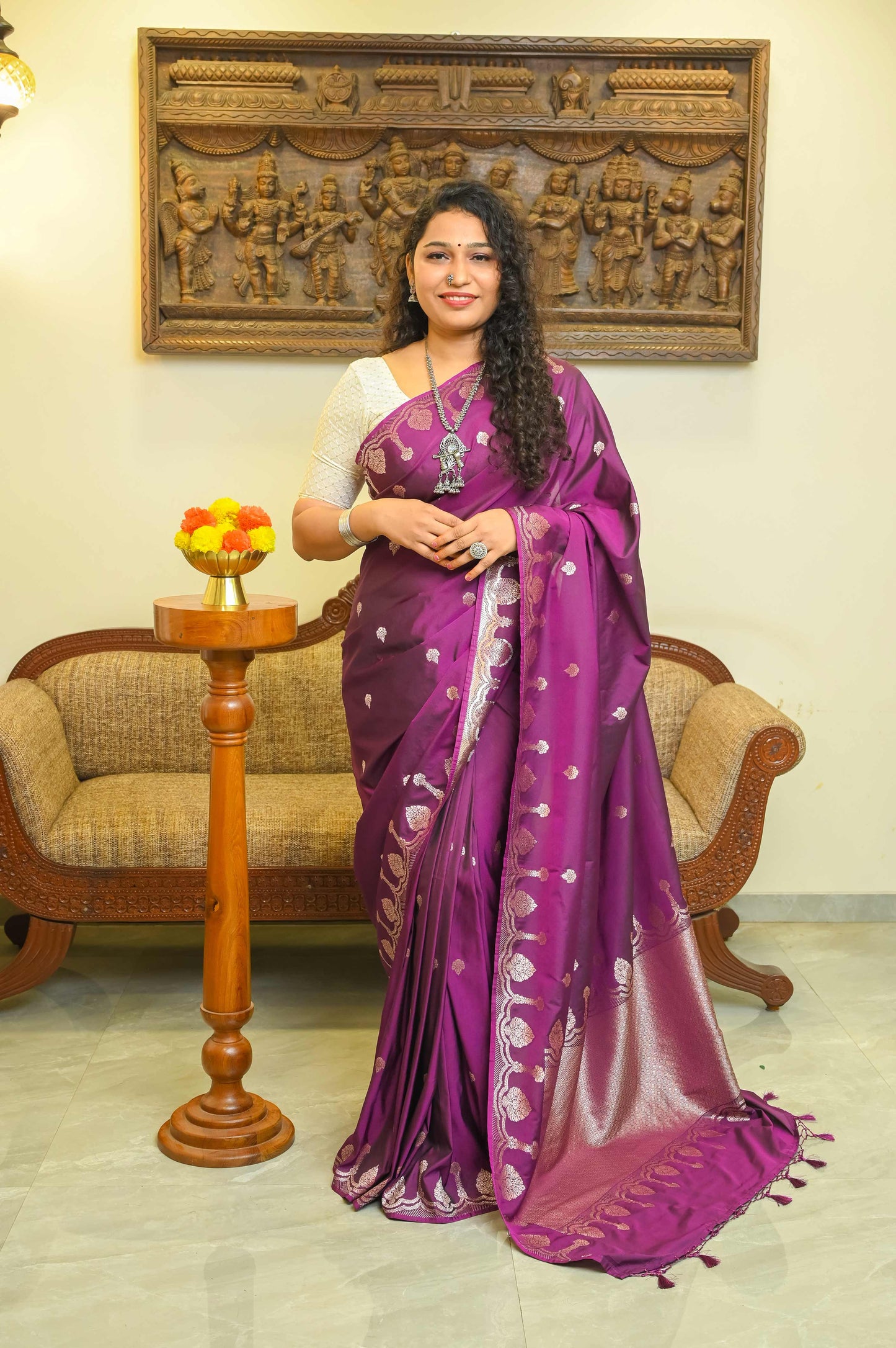 Wine Soft Silk Banarasi Saree