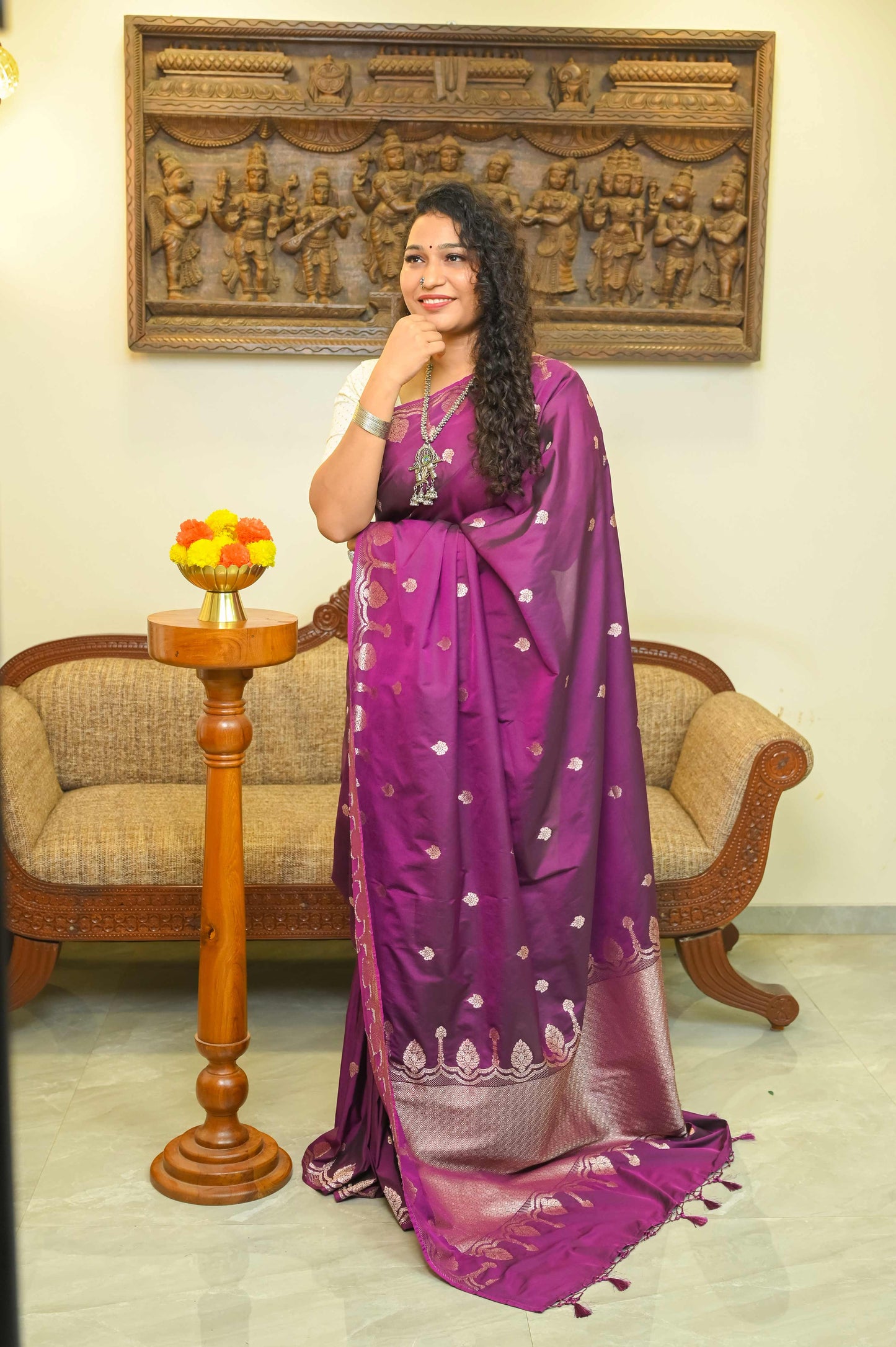 Wine Soft Silk Banarasi Saree