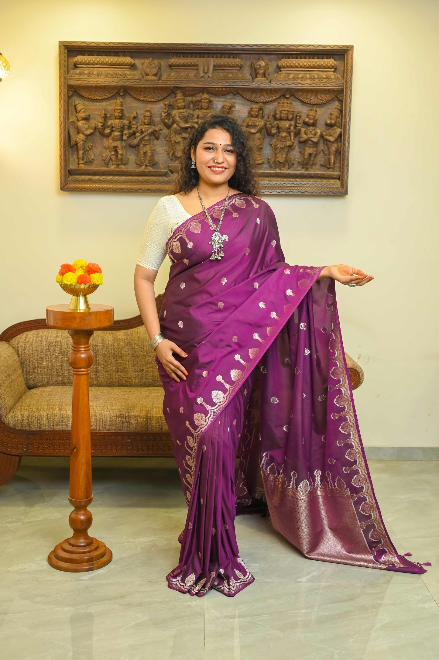 Wine Soft Silk Banarasi Saree