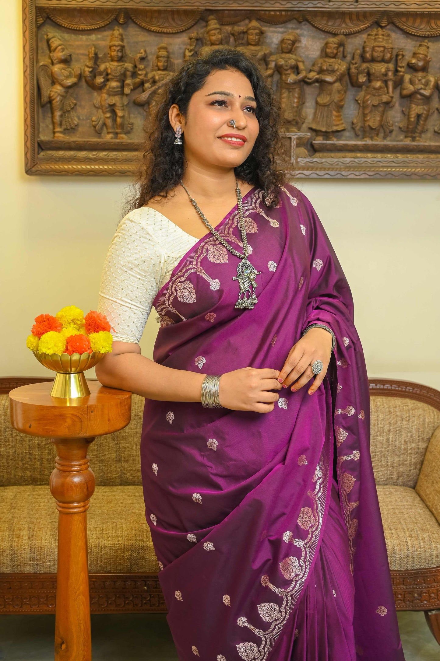 Wine Soft Silk Banarasi Saree