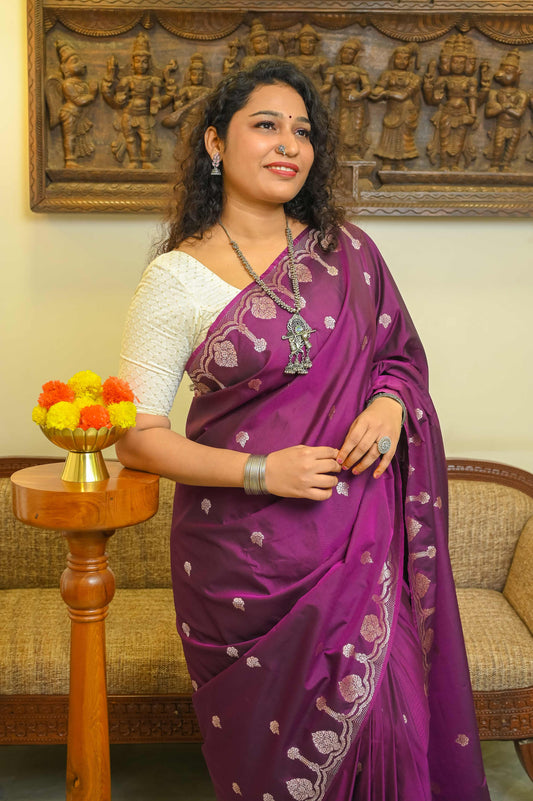 Wine Soft Silk Banarasi Saree