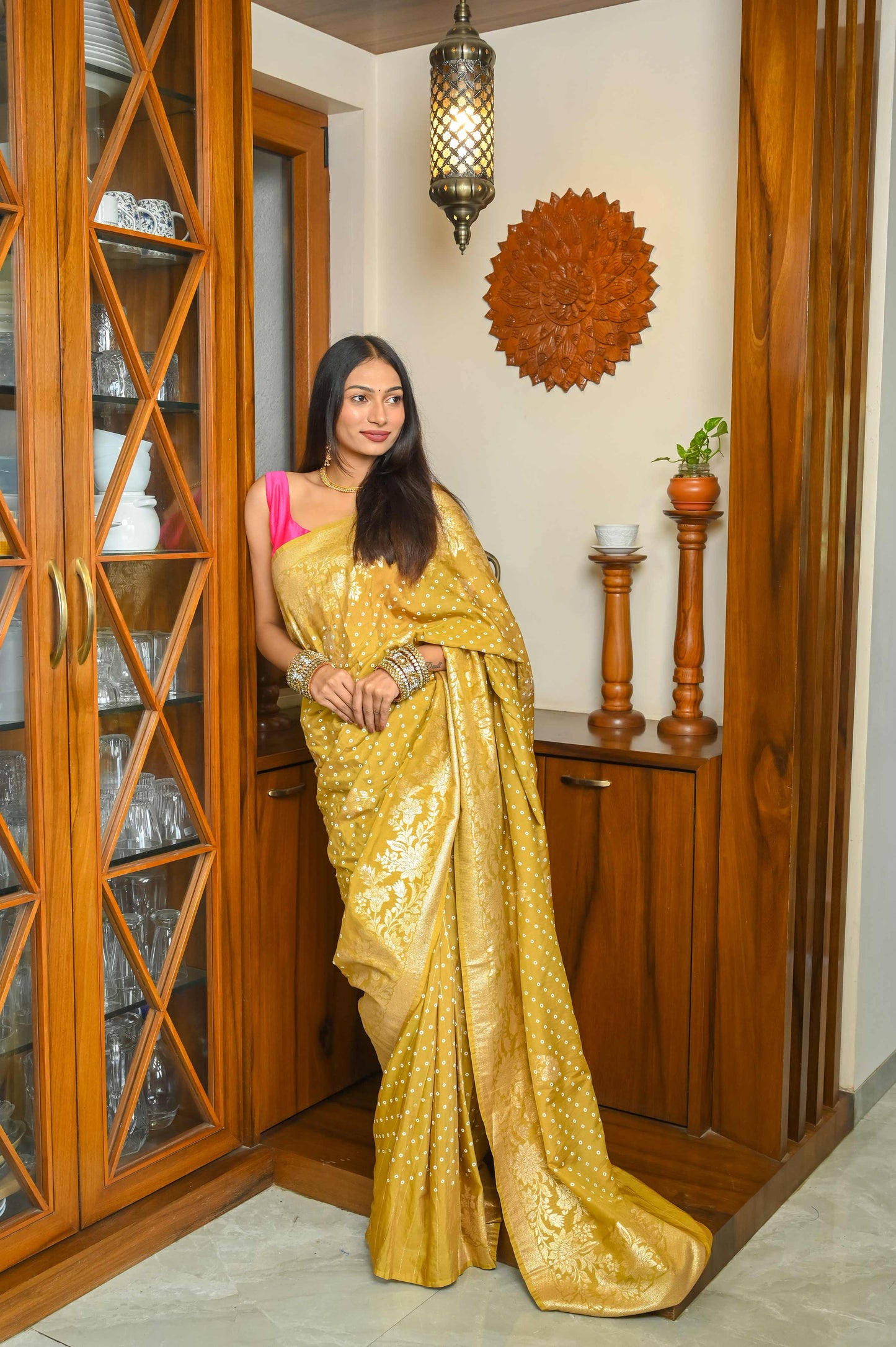Mustard Olive Bandini Silk Banarasi Saree