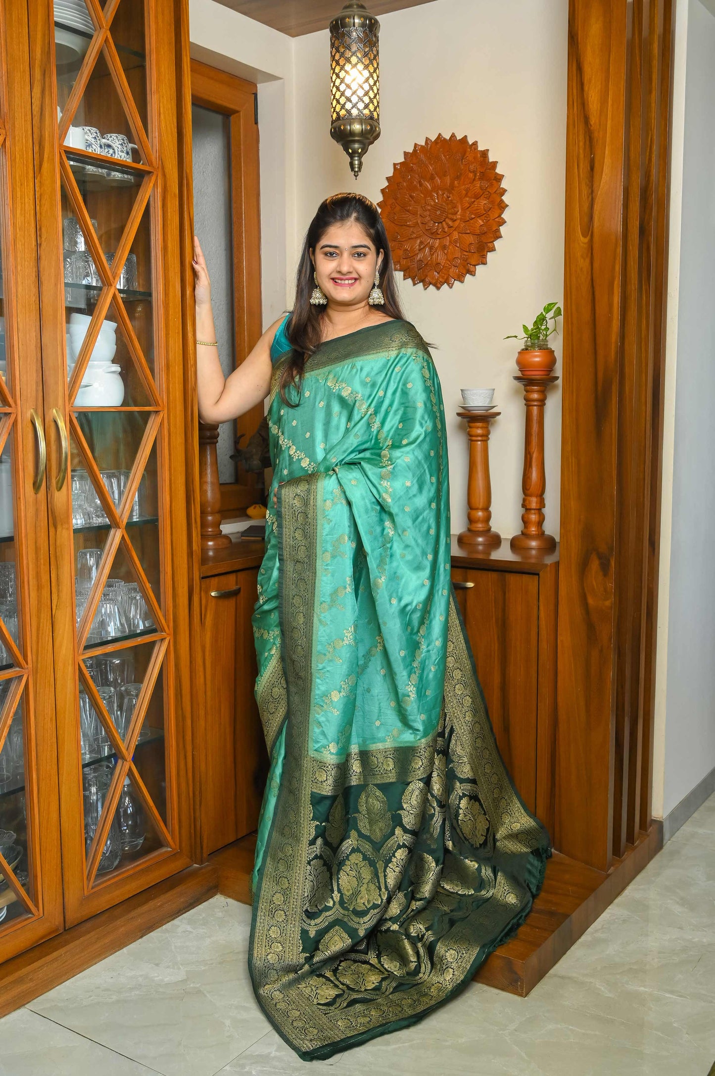 Bottle green & Sea Green Mushroo Silk Banarasi Saree