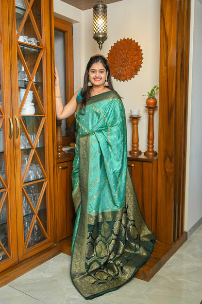 Bottle green & Sea Green Mushroo Silk Banarasi Saree