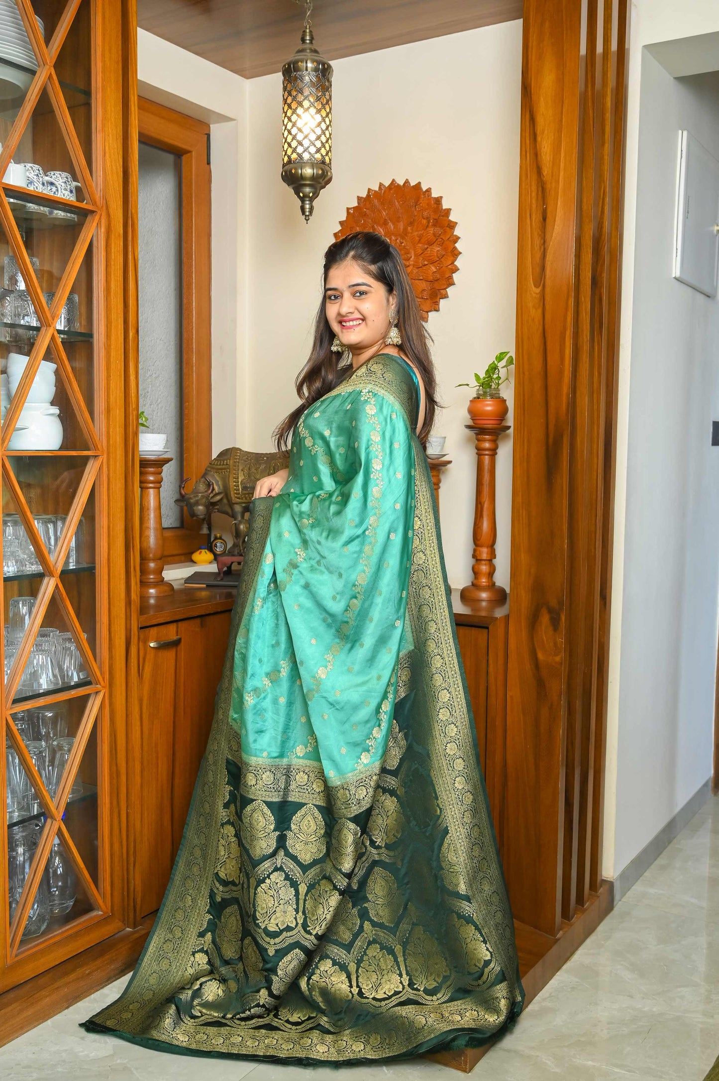 Bottle green & Sea Green Mushroo Silk Banarasi Saree