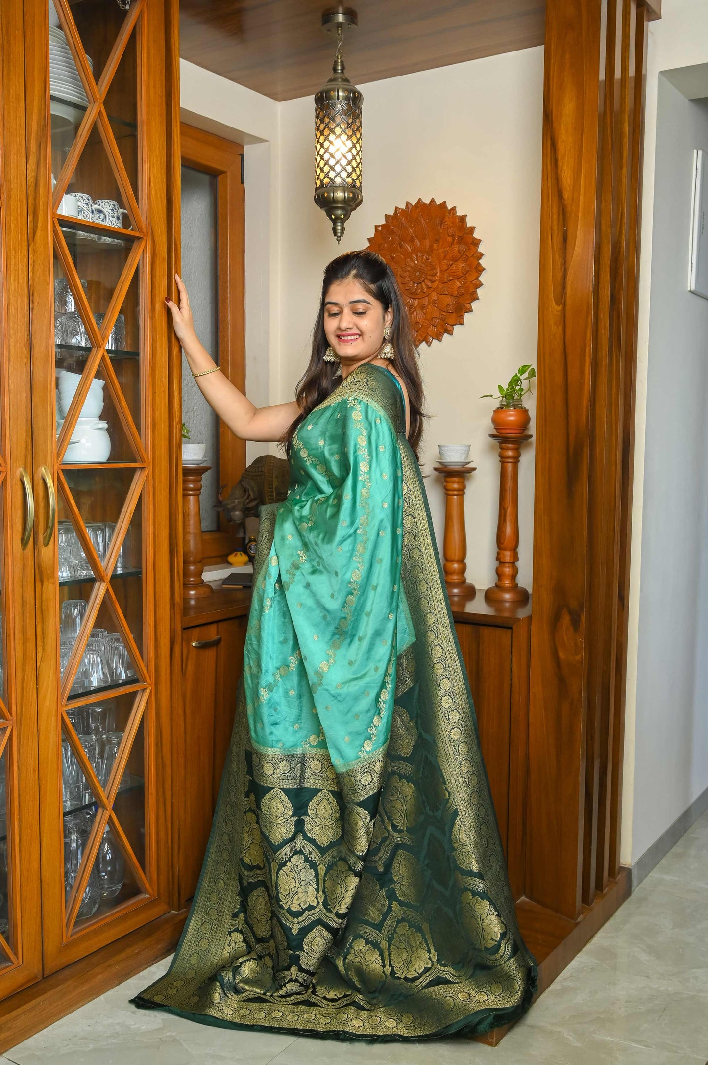 Bottle green & Sea Green Mushroo Silk Banarasi Saree