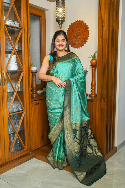 Bottle green & Sea Green Mushroo Silk Banarasi Saree