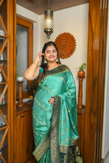 Bottle green & Sea Green Mushroo Silk Banarasi Saree