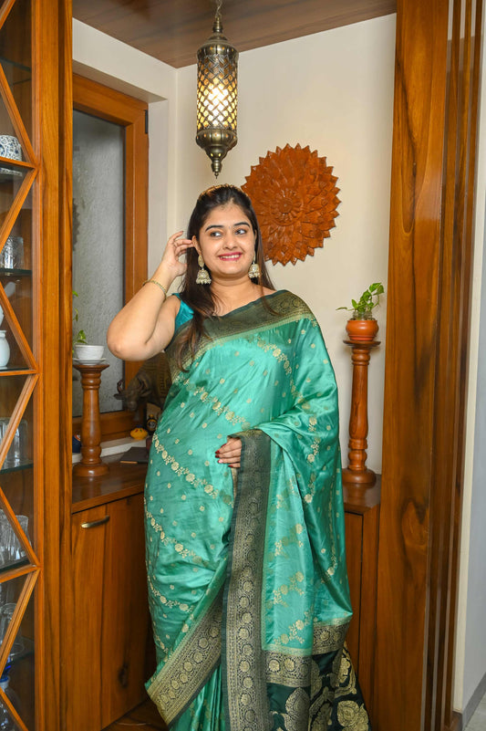 Bottle green & Sea Green Mushroo Silk Banarasi Saree